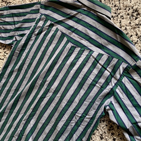 Vintage Wrangler Long Tail Mens Snap Button Western Grey Green Blue Stripe Shirt - Picture 12 of 13